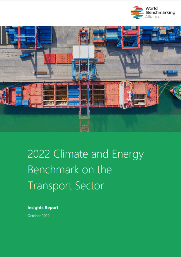 Report cover depicts shipping crates being loaded onto an ocean barge. Text below reads: 2022 Climate and Energy Benchmark on the Transport Sector